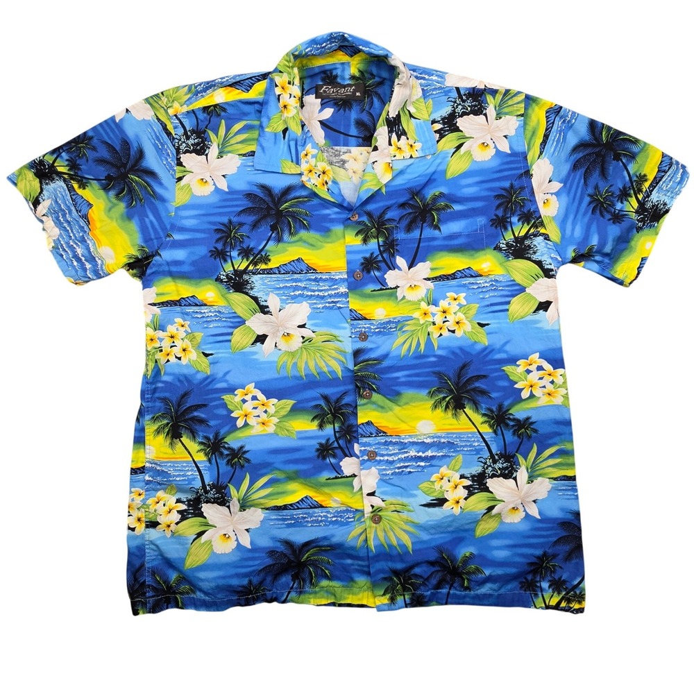 Hawaiian Shirt Blue Cotton Tropical Diamond Head Sunset Hibiscus  Mens XL Favant